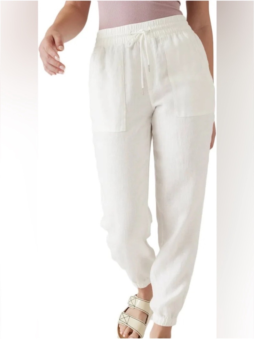 Athleta Retreat White 100% Linen Drawstring Joggers - Picture 2 of 13